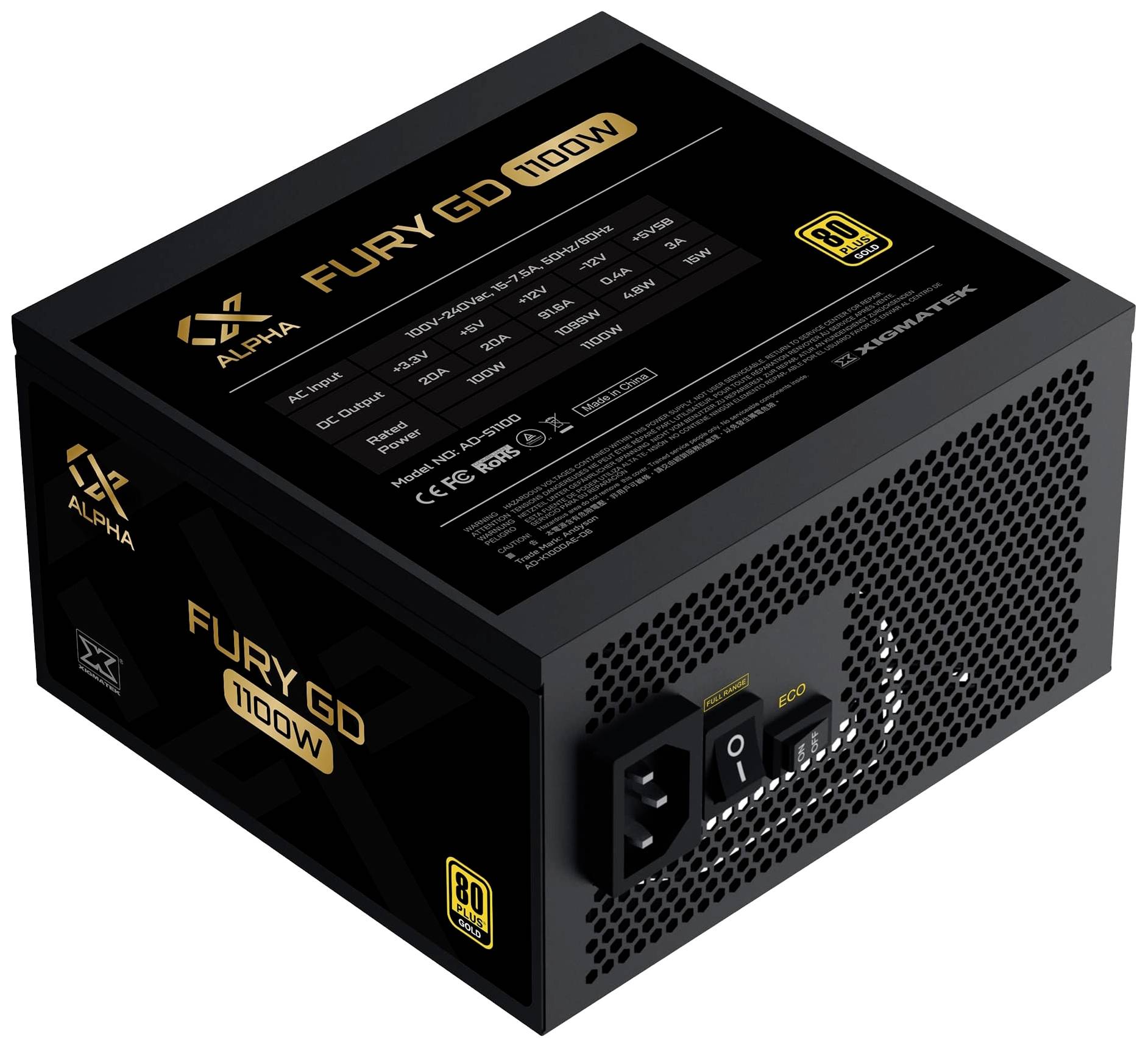 Zwart PC-voedingsapparaat 'Fury GD 1000W' met vermogensgegevens en 80 Plus Gold-certificering op het etiket.