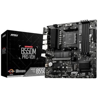 Voornamelijk in beeld is een MSI B550M PRO-VDH moederbord. Links in de afbeelding staat de bijbehorende verpakking met productinformatie.