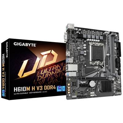 Een Gigabyte-moederbordmodel H610M H V3 DDR4, met verpakking, toont aansluitingen en componenten voor computer hardware-upgrades.