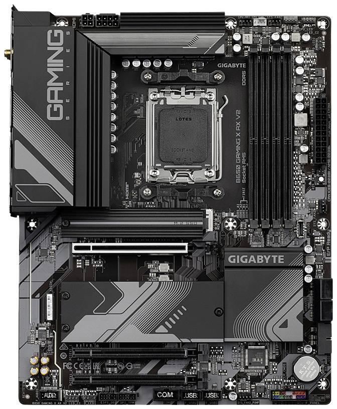 Moederbord van Gigabyte voor gaming-pc's met meerdere PCIe-sleuven, RAM-banken en koelcomponenten. Geschikt voor krachtige processors.