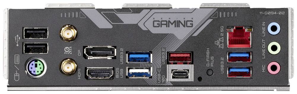 Achterkant van een moederbord met verschillende aansluitingen: USB, HDMI, Ethernet, audioaansluitingen. Gelabeld met 'Gaming'.