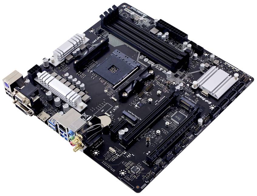Zwart moederbord met verschillende aansluitingen, sleuven voor RAM en CPU. Zichtbare heatsinks en elektronische componenten.