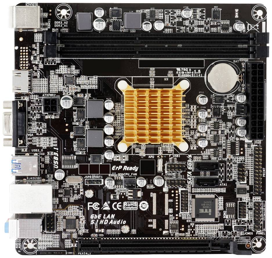 Een computermoederbord met zichtbare elektronische componenten, aansluitingen en een oranje koellichaam in het midden.