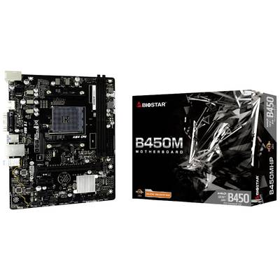 Moederbord Biostar B450M met verpakking. Ontworpen voor AMD-processors. Bevat essentiële aansluitingen voor pc-componenten.