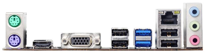 Een moederbord-aansluitveld met PS/2-, VGA-, USB-, Ethernet- en audio-aansluitingen, voor het aansluiten van randapparatuur.