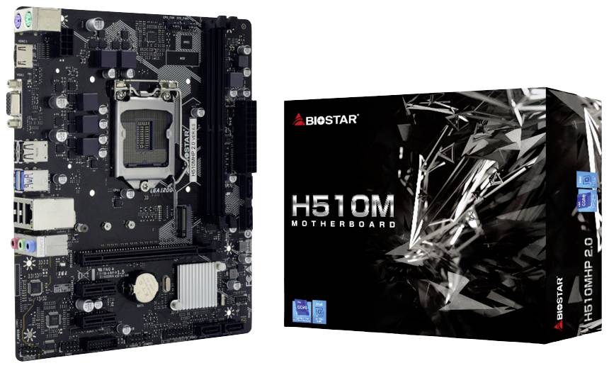 Een zwart moederbord naast een verpakking met het opschrift 'BIOSTAR H510M' en technische details.