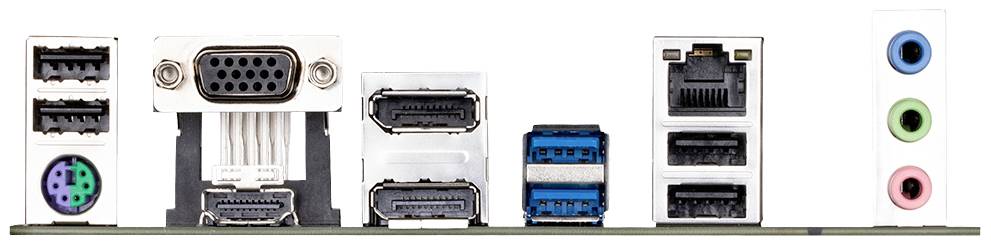 Achterzijde van een computer-moederbord, inclusief USB-, HDMI-, VGA-, Ethernet- en audioaansluitingen in verschillende kleuren.