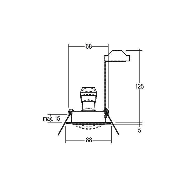 Technische tekening van een plafondluidspreker met afmetingen: 68 mm breedte, 125 mm hoogte, 88 mm diepte en 15 mm maximale diepte.