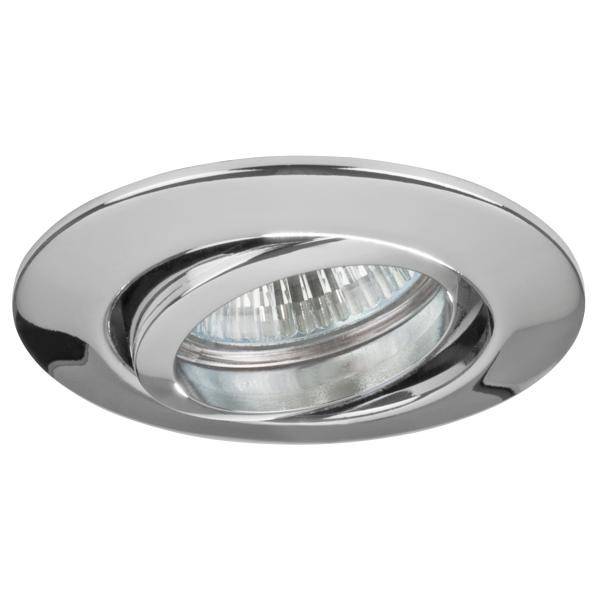 Inbouw-spotverlichting met glanzende chromen rand en kantelbare lichtbundel. Ideaal voor accentverlichting in moderne binnenruimtes.