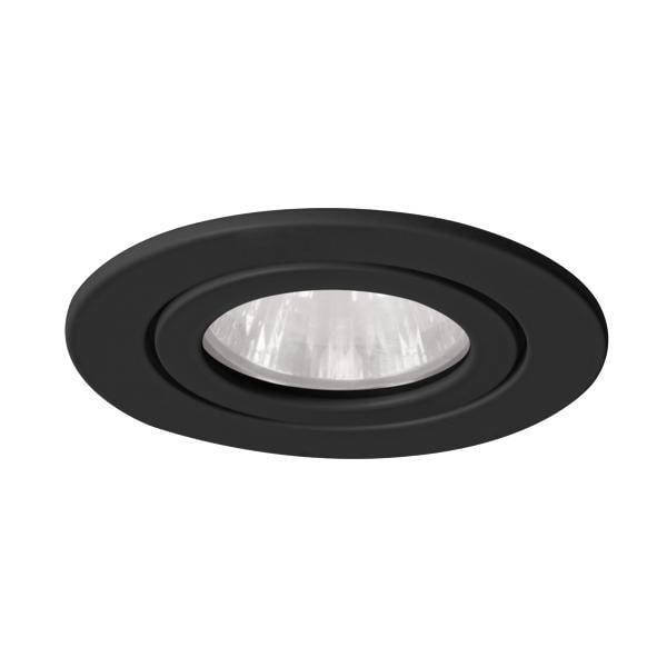 Ronde zwarte inbouwspot met geïntegreerd lichtpunt, geschikt voor plafondmontage, zorgt voor gericht licht in binnenruimtes.