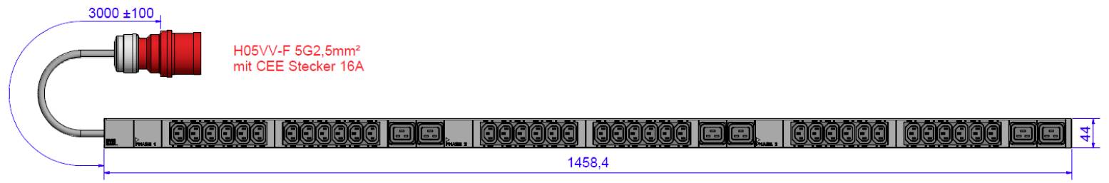 Diagram van een kabelset met afmetingen. Kabel 3000 mm, met stekker. Lengte van de set 1458,4 mm, hoogte 44 mm. Type: H05VV-F 5G2,5mm².