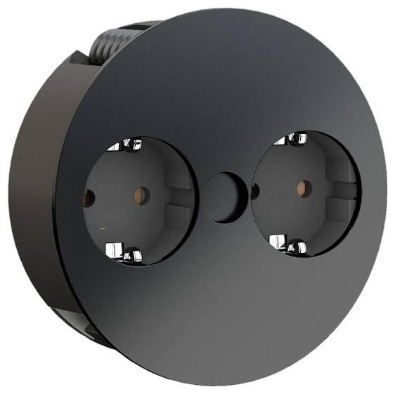Een rond, zwart, dubbel stopcontact zonder zichtbare schakelaars, ontworpen voor inbouw in de muur.