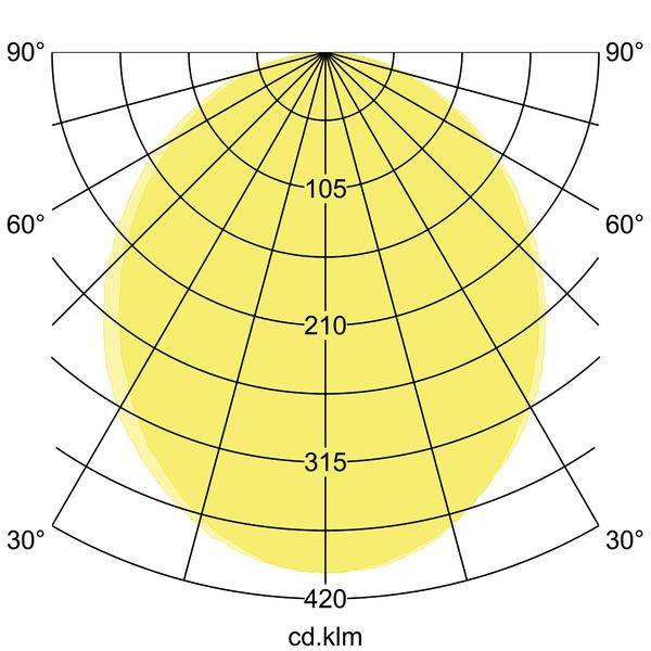 Pooldiagram toont de lichtverspreiding van een lichtbron. Symmetrische lichtstraal reikt tot 90° bij 420 cd/klm.