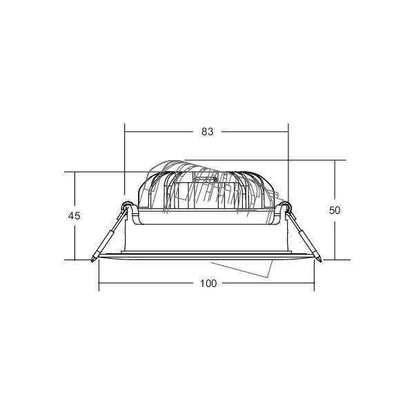 Technische tekening van een inbouwlamp, afmetingen: breedte 100 mm, diepte 83 mm, hoogte 45 mm. Bovenaanzicht met kabels weergegeven.