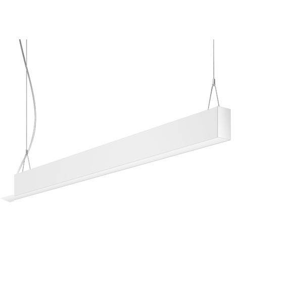 Een eenvoudige, witte, rechthoekige hanglamp met twee draadophangingen, geschikt voor moderne interieurs.