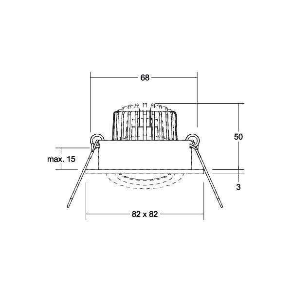 Diagram van een inbouwspot met afmetingen: breedte 68 mm, hoogte 50 mm, totale diepte 15 mm, inbouwmaat 82 x 82 mm.