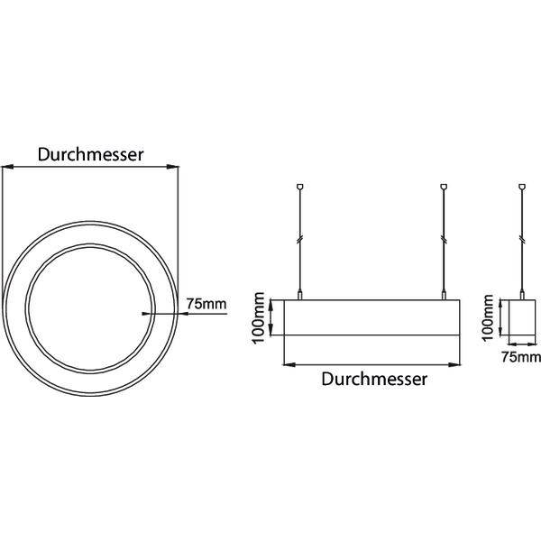 Technische tekening van een ronde lamp: Zijaanzicht en bovenaanzicht. Diameter 75 mm, hoogte 100 mm. Afmetingen zijn gemarkeerd.