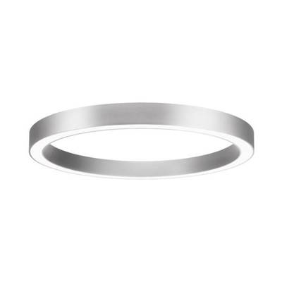 Een ronde, zilveren plafondlamp met een modern, minimalistisch ontwerp. Hij verspreidt een egaal, diffuus licht.
