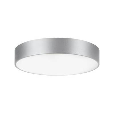 Een ronde, moderne plafondlamp met zilveren rand en een diffuse witte oppervlakte, geschikt voor binnenruimtes.