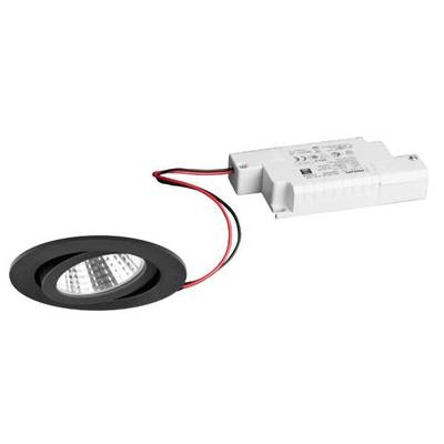 Rond, zwart LED-inbouwarmaturen-set met bijbehorende witte transformator en rode kabels. Hoofdlichtbron.