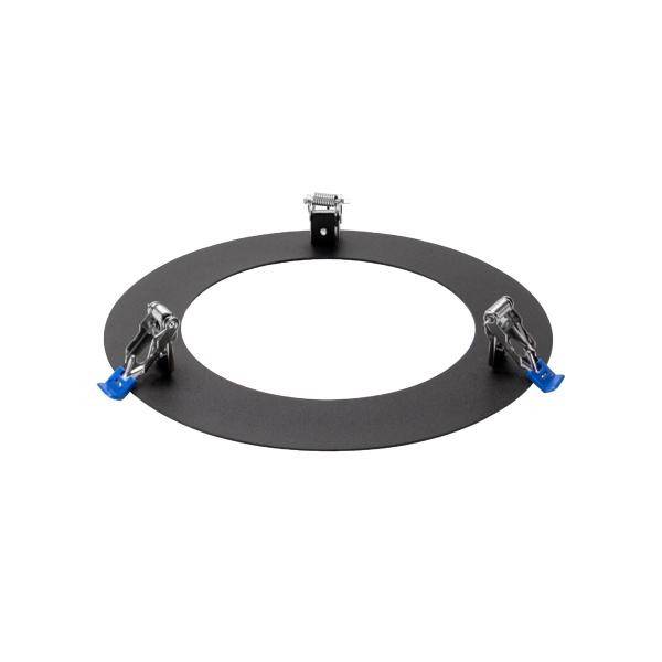 Een zwarte, ronde metalen ring met drie blauwe klemmen die gelijkmatig rondom de ring zijn geplaatst.