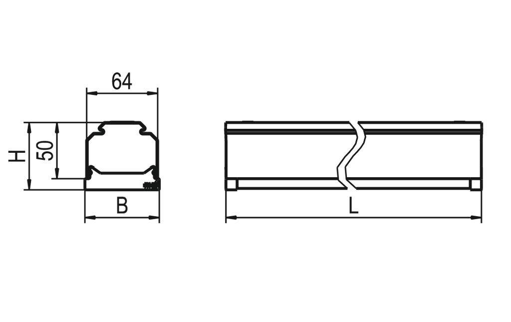 Technische tekening van een profiel met afmetingen: Hoogte (H) 50 mm, Breedte (B) onbepaald, Totale breedte 64 mm, Lengte (L) onbepaald.