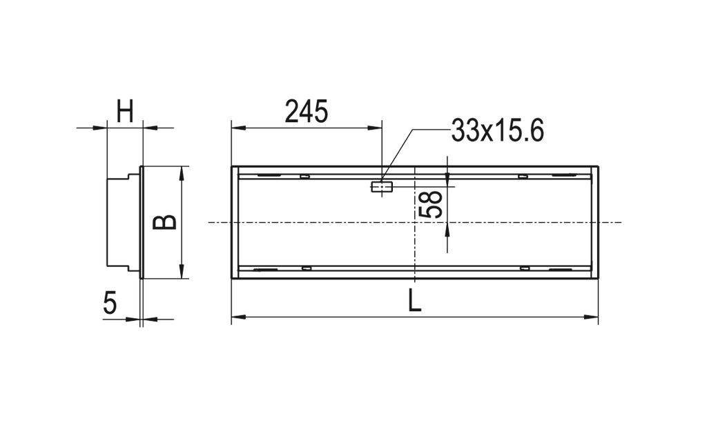 Technische tekening van een rechthoekig object met afmetingen: lengte 245 mm, breedte 58 mm, hoogte B mm; extra afmetingen 33x15,6 mm.