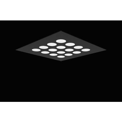 'Afbeelding van een vierkante plafondlamp met meerdere ronde, heldere lichtbronnen op een zwarte achtergrond.'