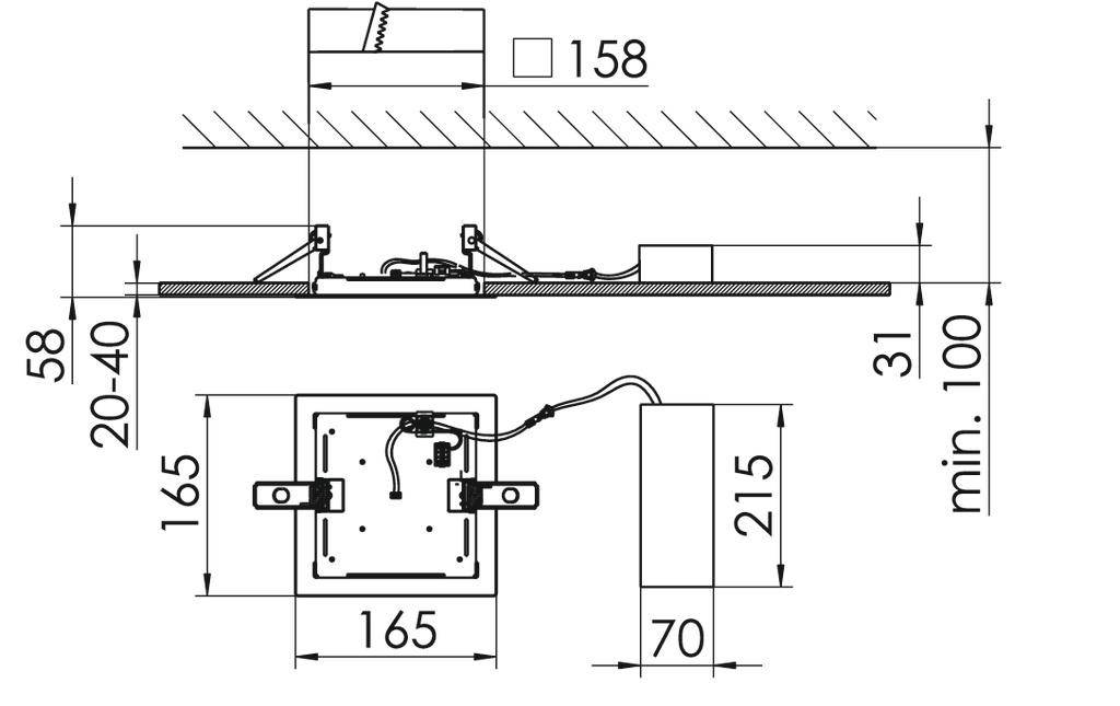 Technische tekening van een vierkant inbouw verlichtingssysteem. Afmetingen: 165x165 mm, inbouwdiepte 31 mm, minimale afstand 100 mm.