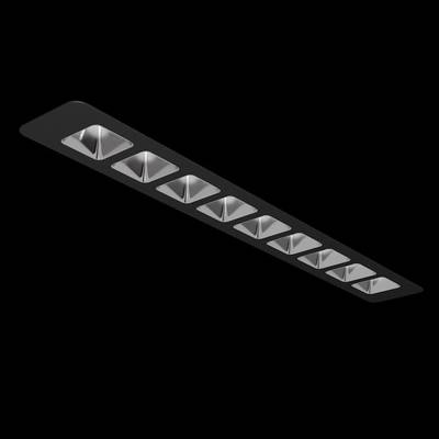 Een rechthoekige, zwarte plafondlamp met negen ingebouwde, lichtgevende LED's die zorgen voor een gelijkmatige verlichting.