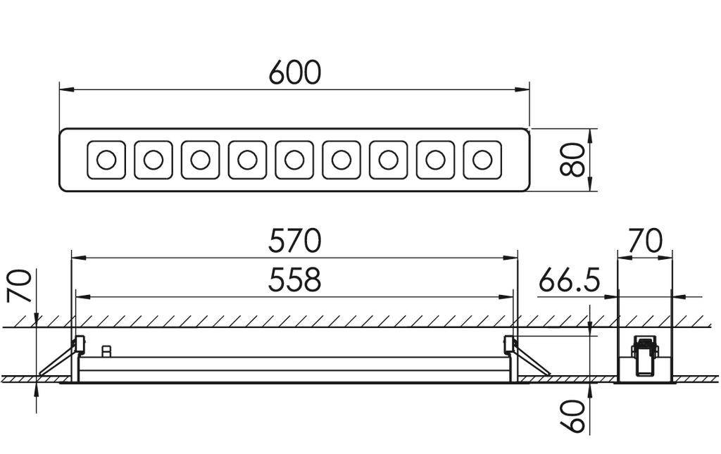 Technische tekening van een rechthoekige LED-balk. Boven: Afmetingen 600x80 mm. Onder: Inbouwtekening met nauwkeurige afstanden.