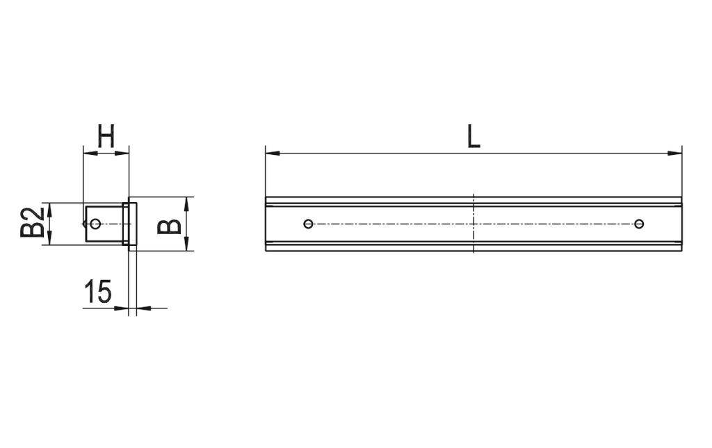 Technische tekening van een metalen strip met nauwkeurige afmetingen H, B2, L en 15 mm. Geschikt voor montagehandleidingen of bouwplanning.