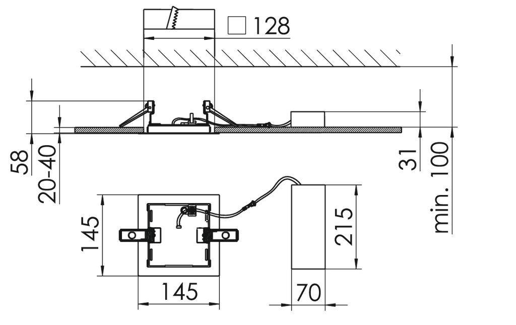 Technische tekening van een plafondlamp met afmetingen: breedte 145 mm, hoogte 215 mm, inbouwdiepte 31 mm, minimale diepte 100 mm.