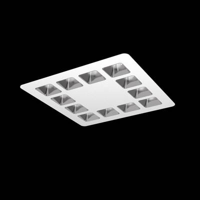 Witte vierkante plafondlamp met twaalf symmetrisch gerangschikt vierkante reflectoren op een zwarte achtergrond.