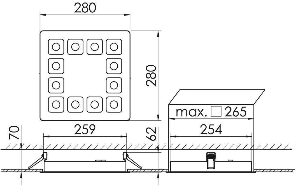 Technische tekening van een rechthoekig ventilatierooster met afmetingen van 280x280 mm. Zij- en bovenaanzicht met maataanduidingen.