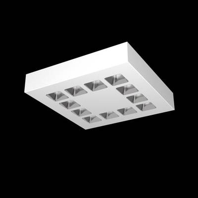Witte, rechthoekige plafondlamp met meerdere vierkante, ingebouwde verlichting op een zwarte achtergrond.