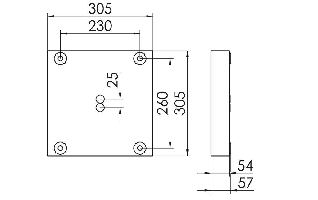 'Technical drawing of a rectangular component. Front view: 305 x 260 mm, holes in the center (25 mm). Side view: 54 mm depth.'