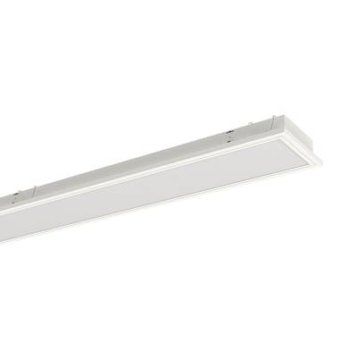 De afbeelding toont een witte LED-lamp in rechthoekige vorm voor plafondmontage. Hij is eenvoudig en modern ontworpen.