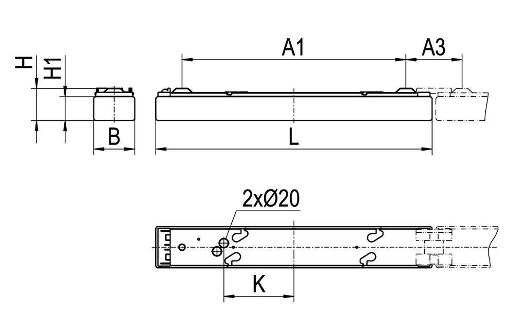 Technische tekening van een rechthoekig object met afmetingen A1, A3, B, H, L, K en 2 openingen met Ø20. Zij- en bovenaanzicht weergegeven.