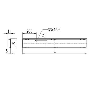 Technische tekening van een rechthoekig onderdeel met afmetingen: 268 lengte, 58 breedte, en 33x15,6 details; toont diepte H en breedte B.