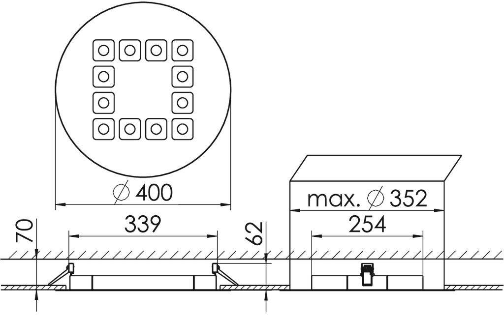 Technische tekening van een vierkant ventilatierooster met afmetingen: diameter 400 mm, inbouwhoogte 62 mm, breedte 339 mm.