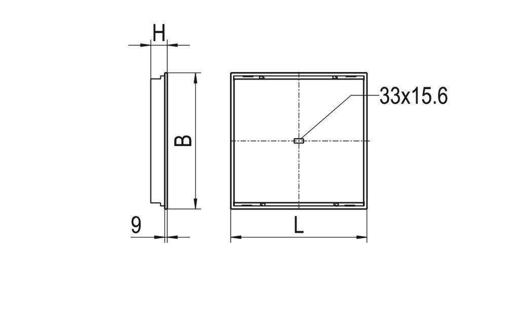 Technische tekening van een rechthoekig onderdeel met de afmetingen L, B en H. Zij- en vooraanzicht met markering '33x15.6'.