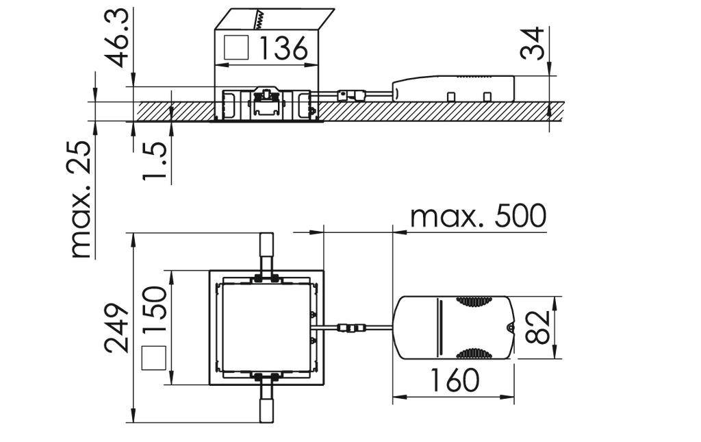 Technische tekening van een montagehandleiding: doorsnede toont afmetingen van een installatie. Maximale afstand van 500 en 150 mm gemarkeerd.