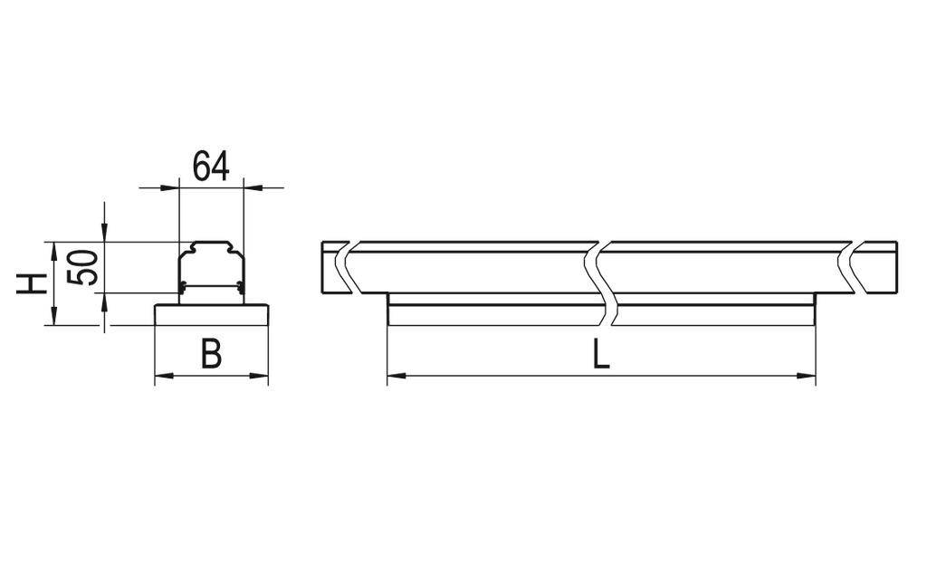 Technische tekening van een flens: zij- en vooraanzicht met afmetingen 'H', 'B', 'L' en 64 mm hoge bout.