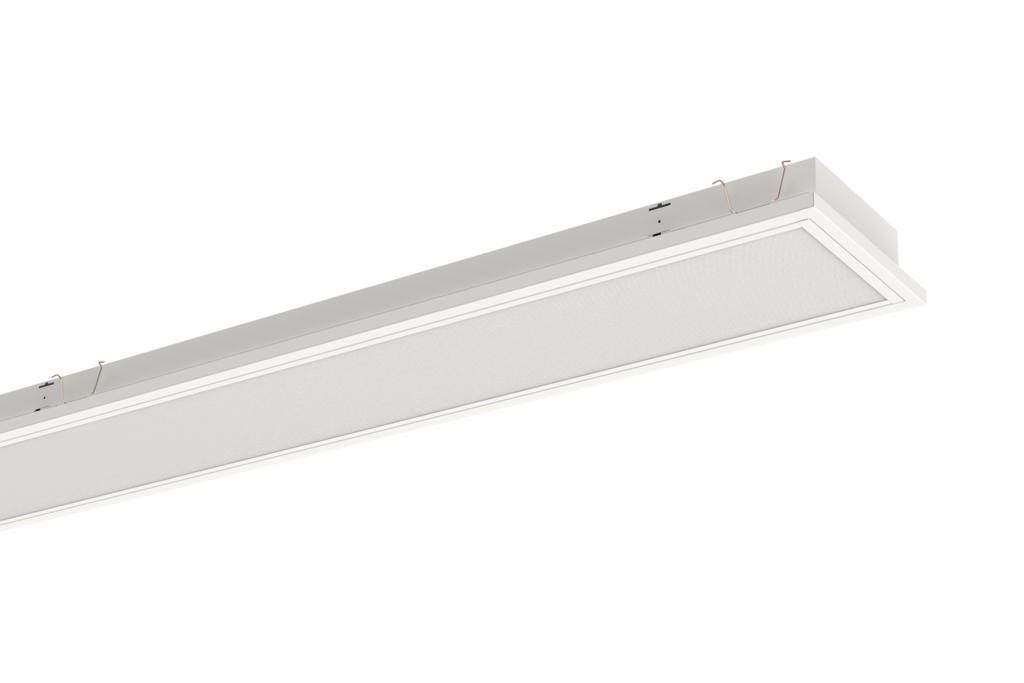 Rechthoekige plafondlamp met een strak, wit frame, geschikt voor kantoor- of woonruimtes voor egale verlichting.