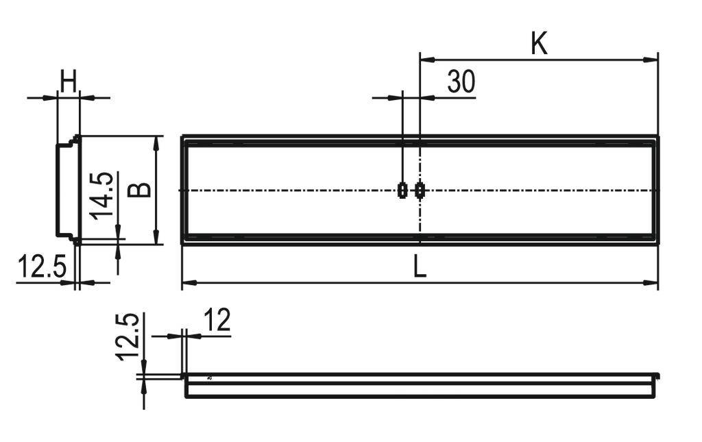 Technische tekening van een rechthoekige balk met afmetingen van 12,5 mm breedte, 14,5 mm hoogte, 30 mm K en L als variabele lengte.