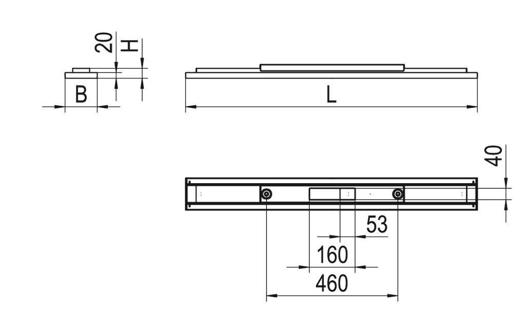 Technische tekening van een rechthoekige component met de afmetingen B, L, 20, 40, 53, 160 en 460 millimeter.