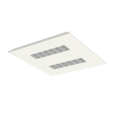 Witte LED-paneel met rechthoekig ontwerp en 16 vierkante lichtroosteropeningen. Geschikt voor kantoorverlichting.