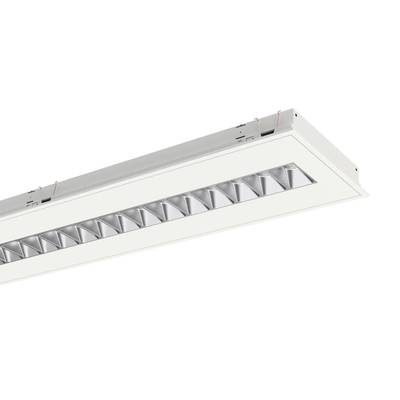 Een rechthoekig LED-plafondlicht met meerdere vierkante reflectoren, geschikt voor moderne binnenverlichting.