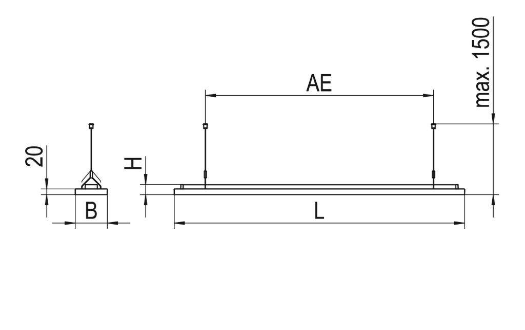 Technische tekening: Zij- en vooraanzicht van een langwerpig object met afmetingen. Markeringen: Breedte 'B', Lengte 'L', Hoogte 'H', Afstand 'AE', maximaal 1500.